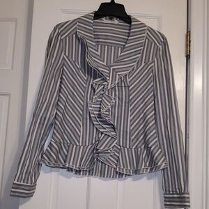 Le Lis Blanc Striped Ruffle Blouse L White,  Gray, Blue And Olive Gree